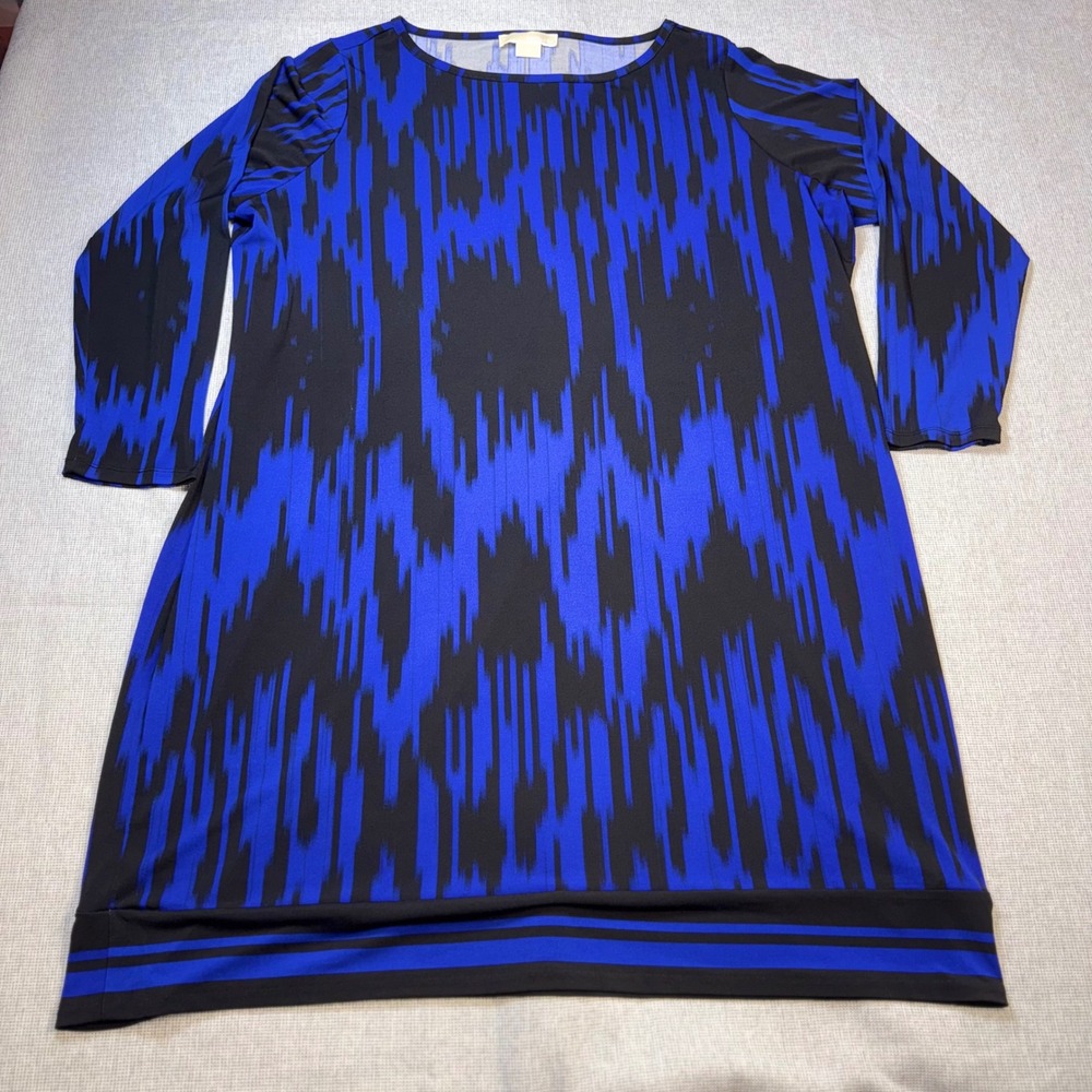 Michael Kors Womens 3X Blue Black Ikat Abstract Tunic Top Long Sleeve Banded Hem